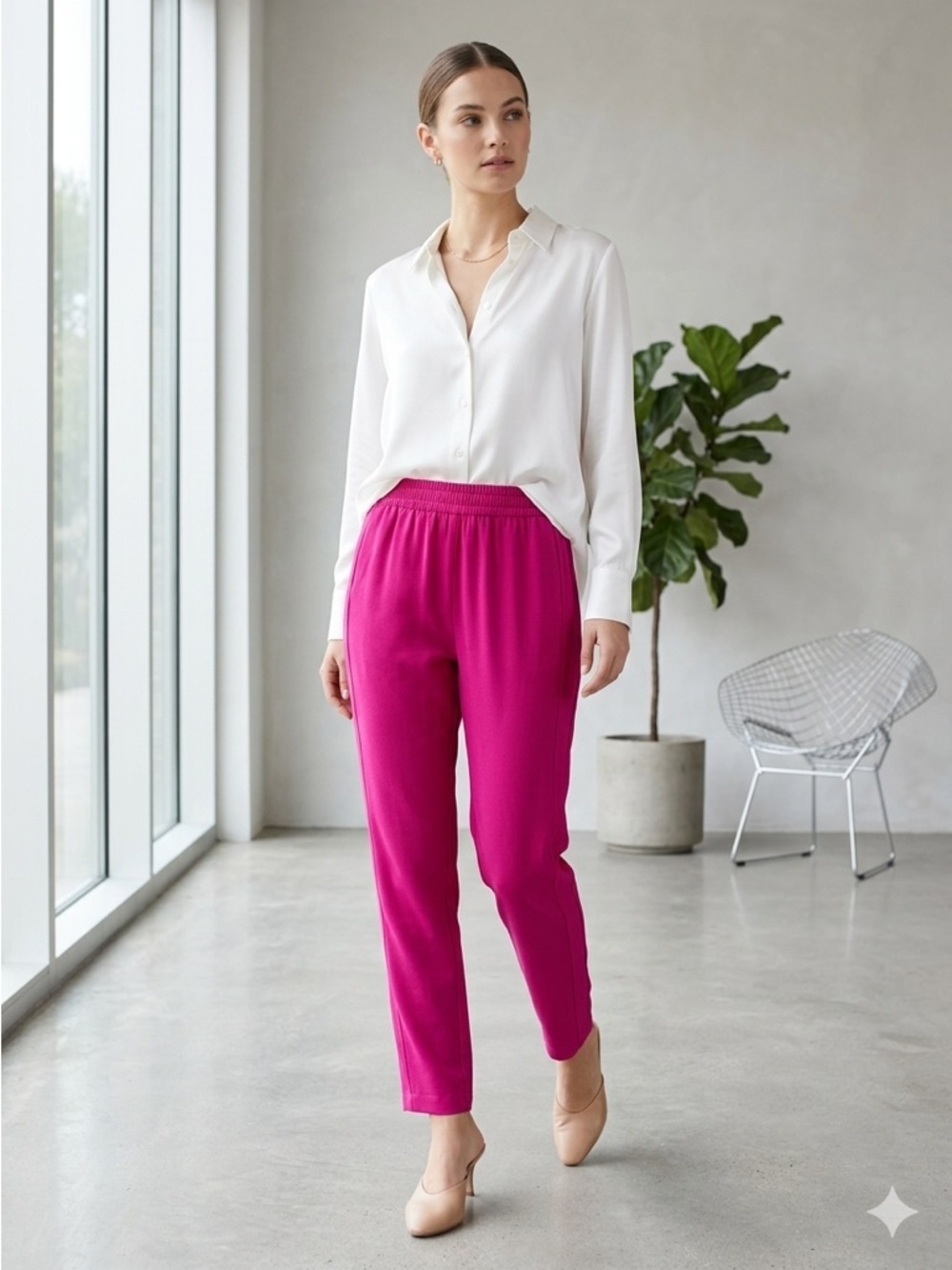 Theory Magenta Pink Silk Pull-On Relaxed Trousers - Small
